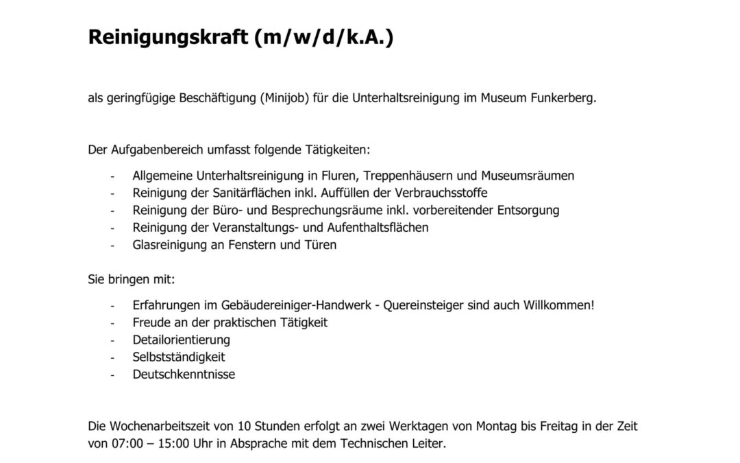 Reinigungskraft für das Museum Funkerberg